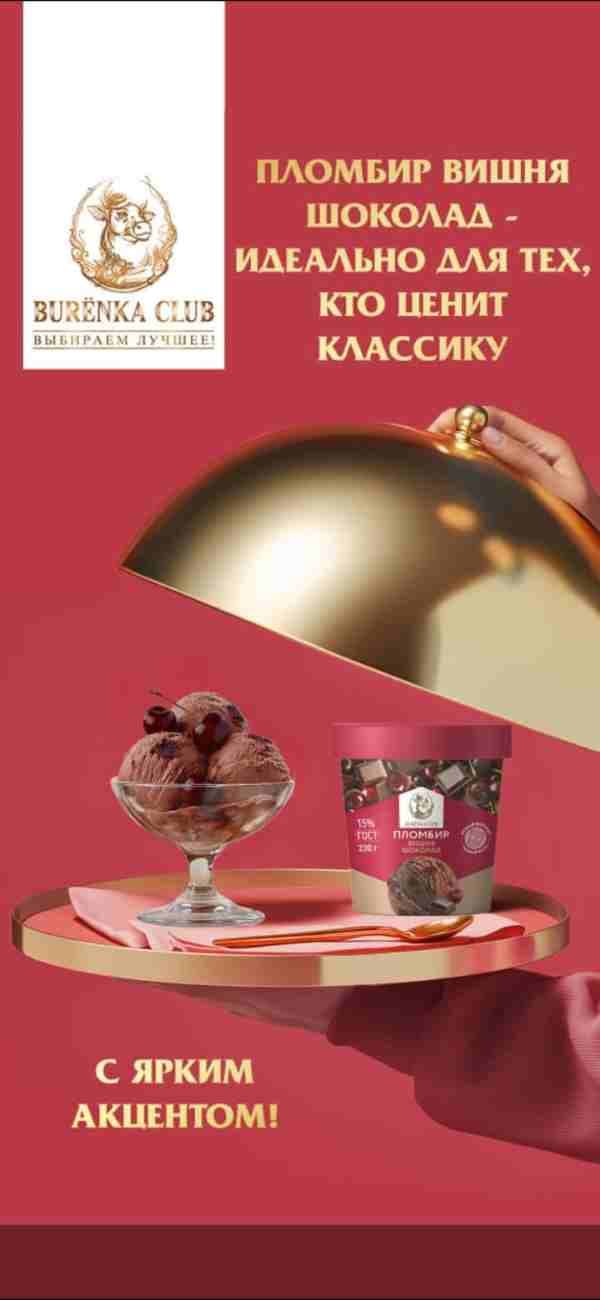 Пинта BURЁNKA CLUB пломбир шоколадный с вишней м.д.ж. 15% 230г (8 шт в уп)